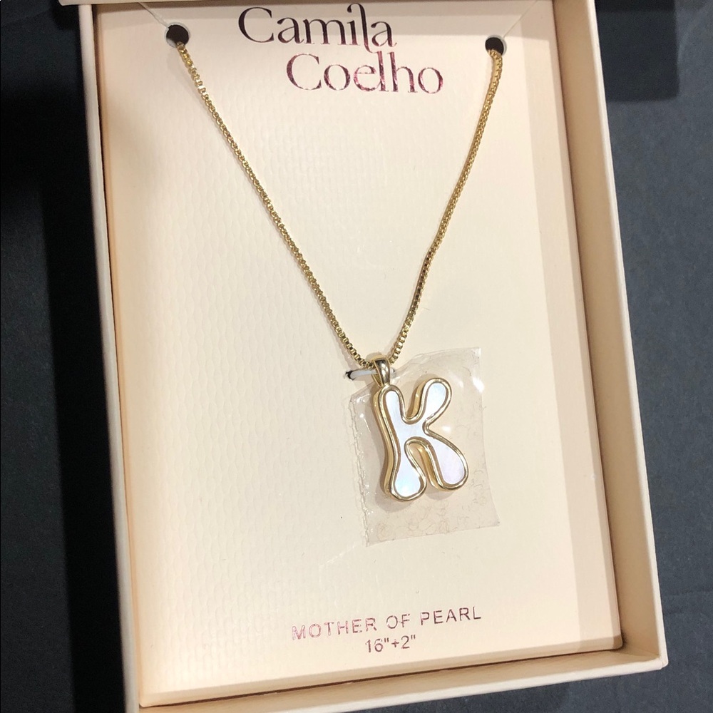 Camila Coelho gold tone puffy mother‎ of pearl K initial 16” necklace brand new - Picture 4 of 5